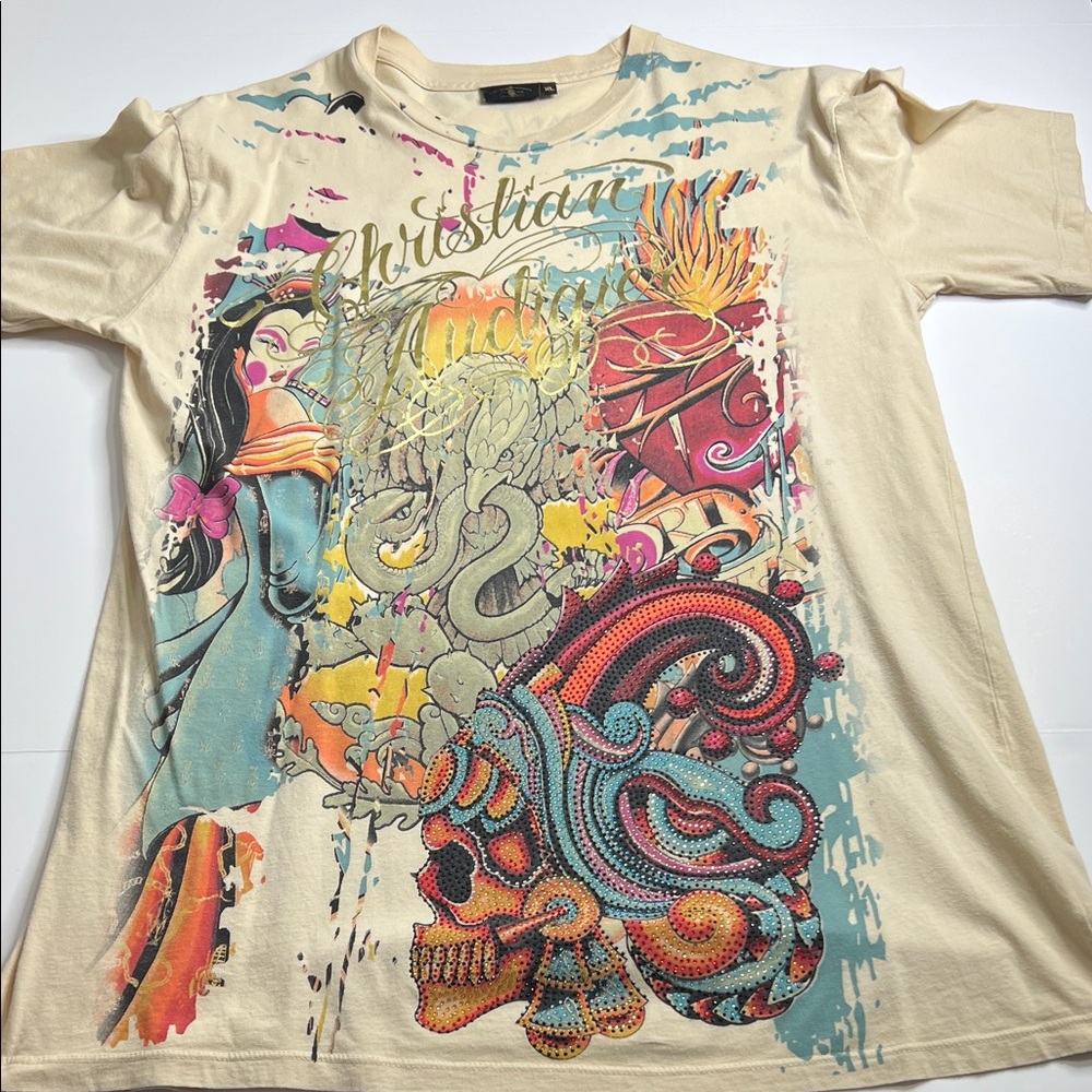 Christian Audigier Cream Multicolor Men’s T-Shirt Rhinestones
